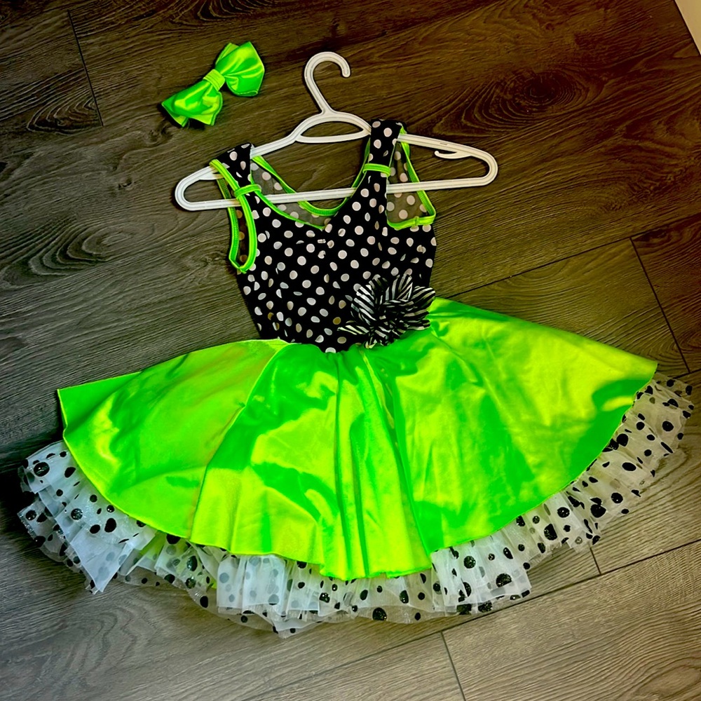 Neon green black and white polkadots tap dance costume girls size medium child